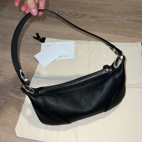 BY FAR Mini Amira Black Grained Leather & Silver Shoulder Bag